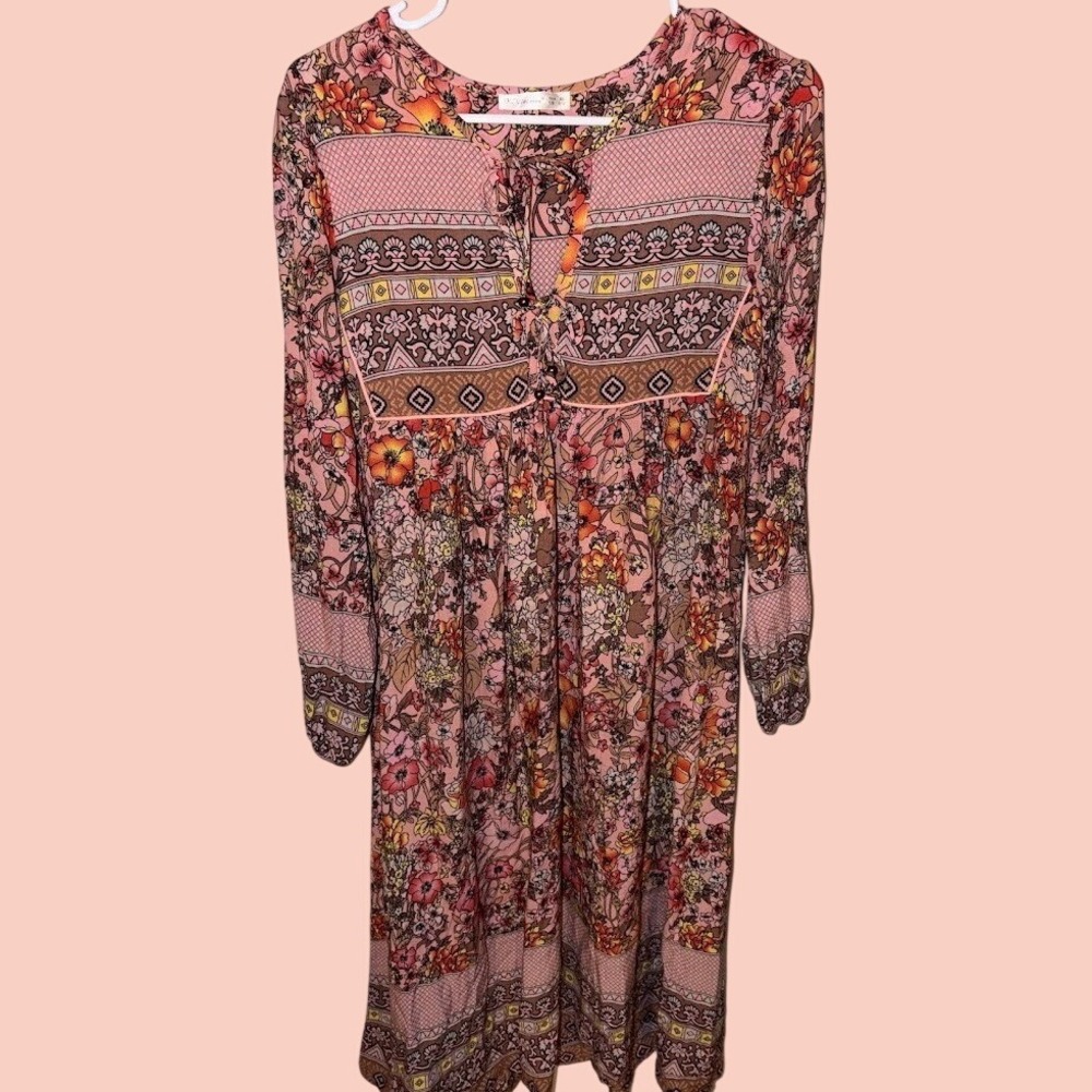R.Vivimos Boho Floral Midi Dress Pink Orange Long Sleeve Split Neck XS 0/2